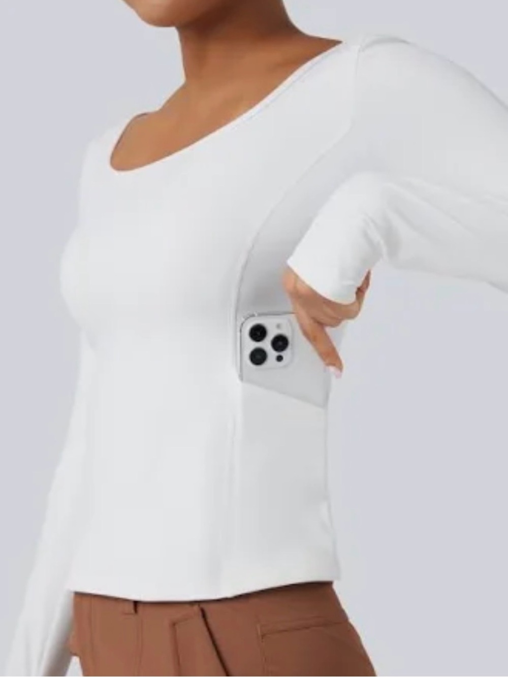 HALARA White Long-Sleeve Seam Pocket Top